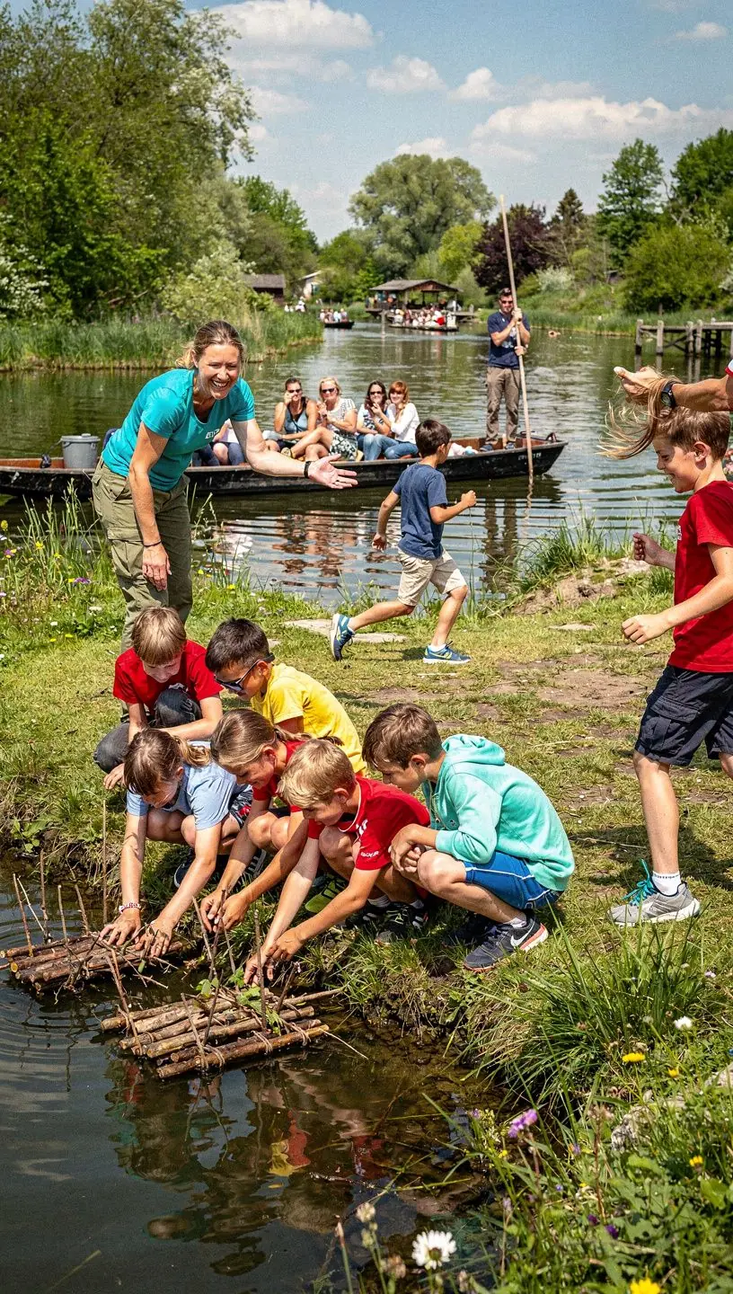 Eine malerische Puntbootfahrt durch die grünen Wälder des Spreewalds.