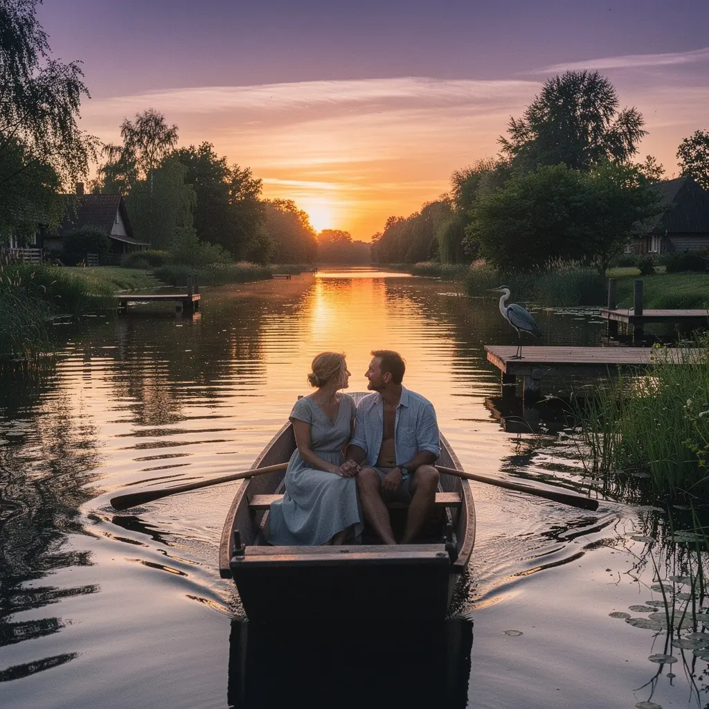 Ein traditionelles Puntboot, das sanft auf dem Wasser der Spree paddelt.