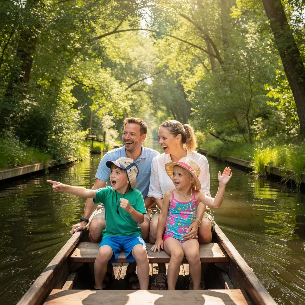 Ein Sonnenuntergang über den idyllischen Wasserwegen des Spreewalds.